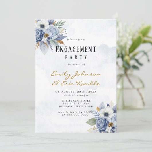 Dusty Navy Blue Gold Peony Engagement Party Invita Einladung (Stehend Vorderseite)