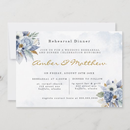 Dusty Navy Blue Gold Peony Probe Dinner Invita Einladung (Vorderseite)