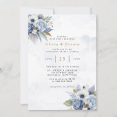 Dusty Navy Blue Gold Peony Watercolor Chic Wedding Einladung (Vorderseite)