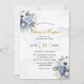Dusty Navy Blue Gold Peony Watercolor Chic Wedding Einladung (Vorderseite)