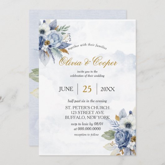 Dusty Navy Blue Gold Peony Watercolor Chic Wedding Einladung (Vorne/Hinten)