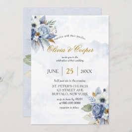 Dusty Navy Blue Gold Peony Watercolor Chic Wedding Einladung