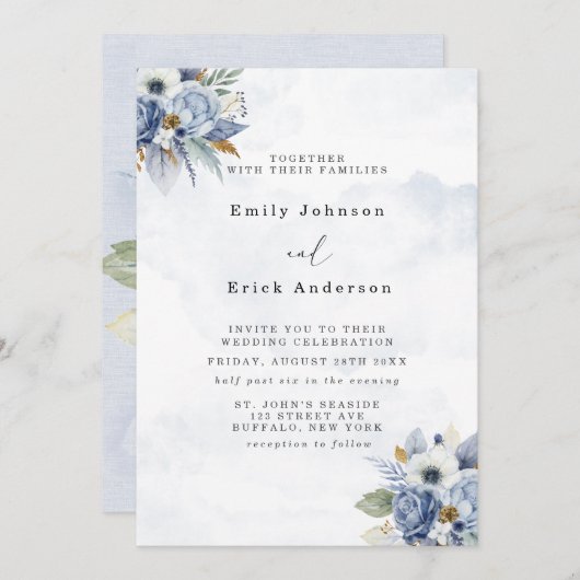 Dusty Navy Blue Gold Watercolor Peony Chic Wedding Einladung (Vorne/Hinten)