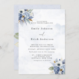 Dusty Navy Blue Gold Watercolor Peony Chic Wedding Einladung