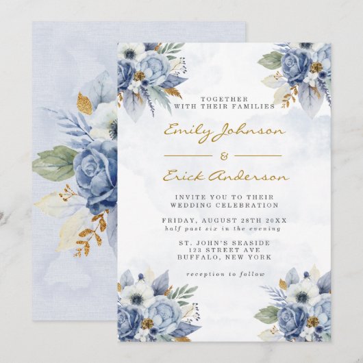 Dusty Navy Blue Gold Watercolor Peony Chic Wedding Einladung (Vorne/Hinten)