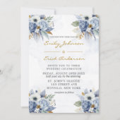 Dusty Navy Blue Gold Watercolor Peony Chic Wedding Einladung (Vorderseite)