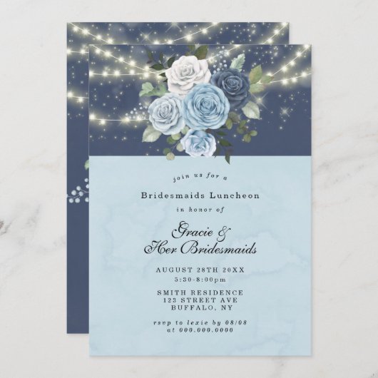 Dusty Navy Blue Peony Bridesmaids Luncheon Invites (Vorne/Hinten)