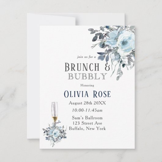 Dusty Navy Blue Peony Brunch & Bubbly Einladung (Vorderseite)