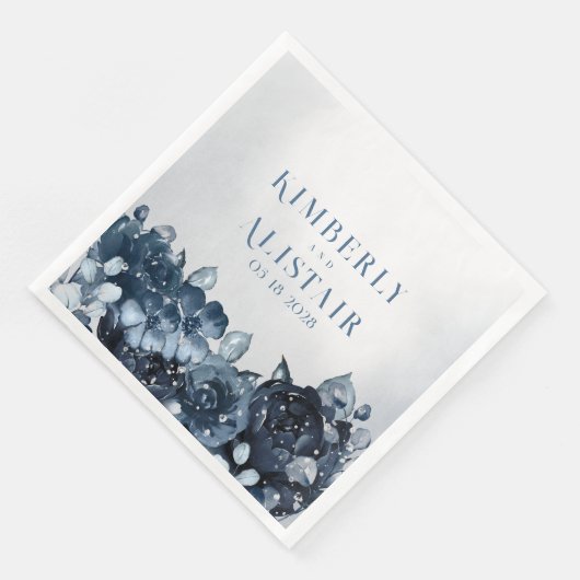 Dusty Navy Blue Peony Wedding Paper Dinner Napkins Serviette (Ecke)