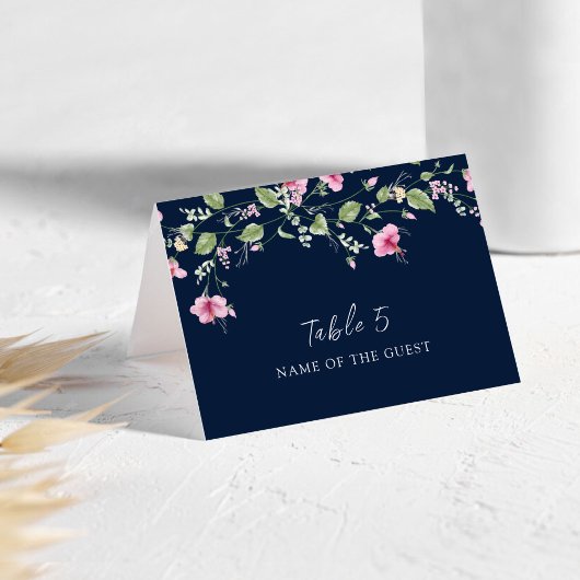 Dusty Navy Blue Pink Hibiscus Wedding Place Card Tischnummer