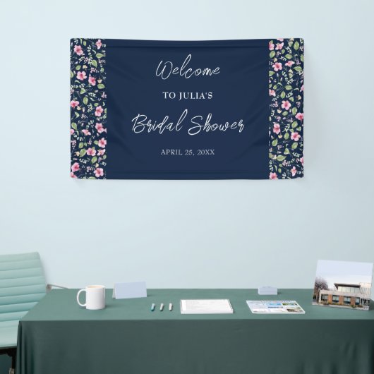 Dusty Navy Blue Pink Hibiskus Bloom Polterabend Banner (Messeveranstaltung)