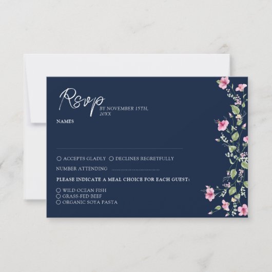 Dusty Navy Blue Pink Hibiskus Bloom Polterabend RSVP Karte (Vorderseite)
