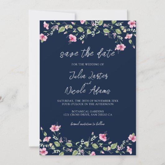 Dusty Navy Blue Pink Hibiskus Bloom Polterabend Save The Date (Vorderseite)
