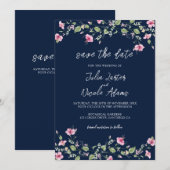Dusty Navy Blue Pink Hibiskus Bloom Polterabend Save The Date (Vorne/Hinten)