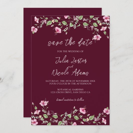 Dusty Navy Blue Pink Hibiskus Bloom Polterabend Save The Date (Vorne/Hinten)