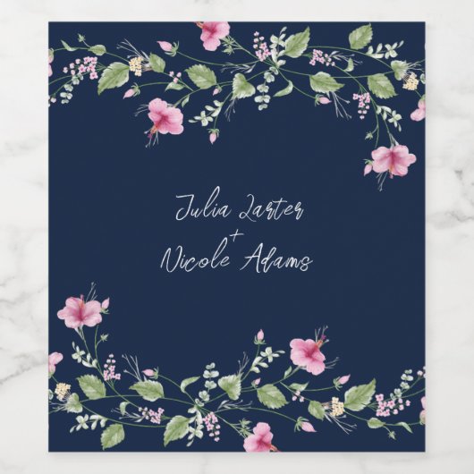 Dusty Navy Blue Pink Hibiskus Bloom Polterabend Weinetikett (Einzelnes Label)