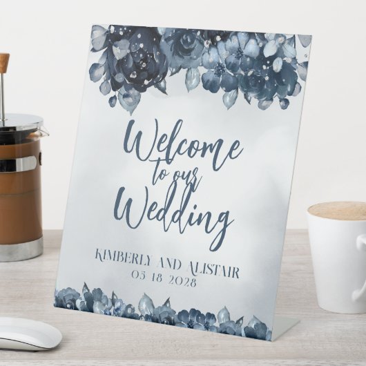 Dusty Navy Blue Silver Herzlich willkommen bei uns Sockelschild (In Situ)