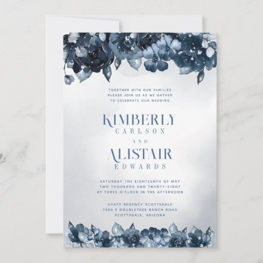 Dusty Navy Blue Silver Wedding Einladung (Vorderseite)