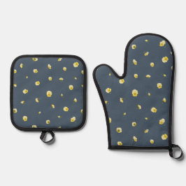 Dusty Navy Japanese Yellow Viola Floral Pattern Ofenhandschuh & Topflappen-Set