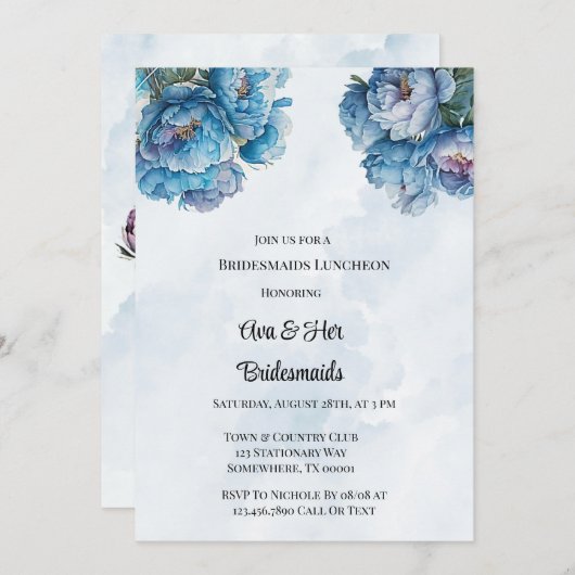 Dusty Navy Paint Peony Bridesmaids Luncheon Einladung (Vorne/Hinten)
