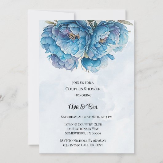 Dusty Navy Paint Peony Couples Dusche Einladung (Vorderseite)