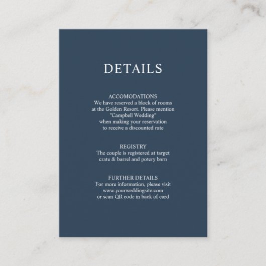 Dusty Navy QR Code Wedding DETAILS Begleitkarte (Vorderseite)