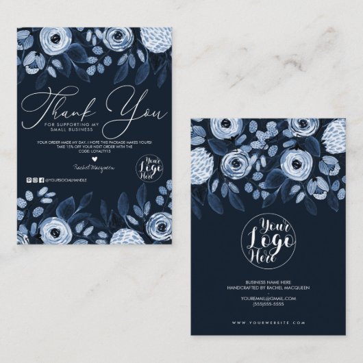 Dusty Navy Wasserfarbe Blumenkunde Vielen Dank Visitenkarte (Vorne/Hinten)