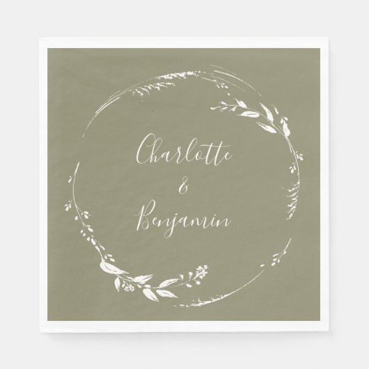 Dusty Olive Floral Wreath Calligraphy Personalisie Serviette (Vorderseite)