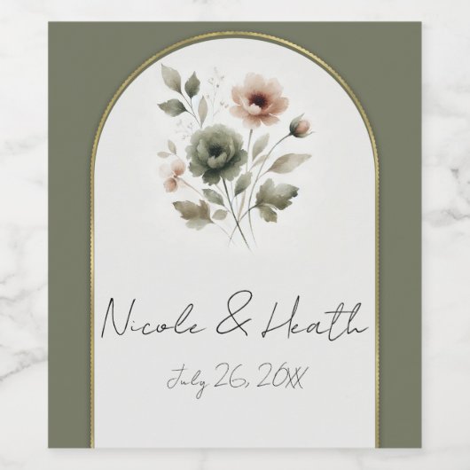 Dusty Olive Pink & Gold Blumenzwiebeln Weinetikett (Einzelnes Label)