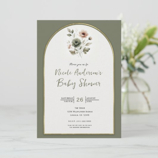 Dusty Olive & Pink Watercolor Blütendusche Einladung (Stehend Vorderseite)