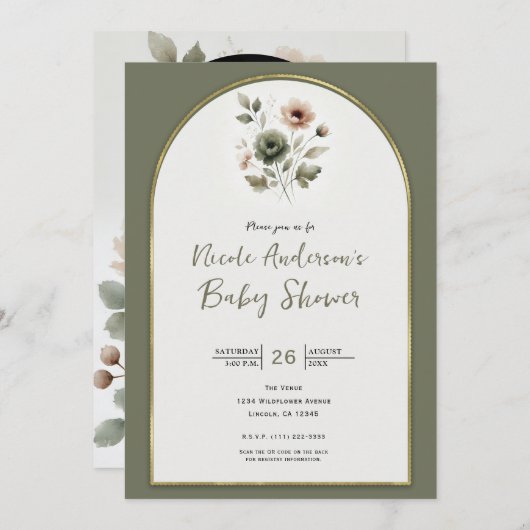Dusty Olive & Pink Watercolor Blütendusche Einladung (Vorne/Hinten)