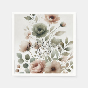 Dusty Olive & Pink Watercolor Floral Wedding Serviette
