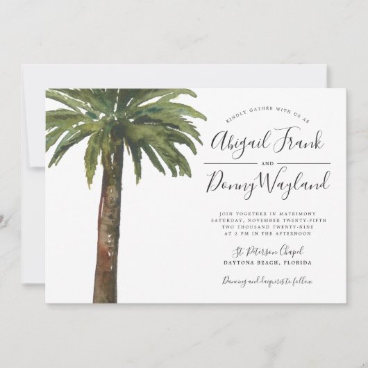 Dusty Palm | Hochzeitsfeier Sand Back Einladung (Vorderseite)