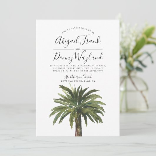 Dusty Palm | Sand Back Wedding Einladung (Stehend Vorderseite)