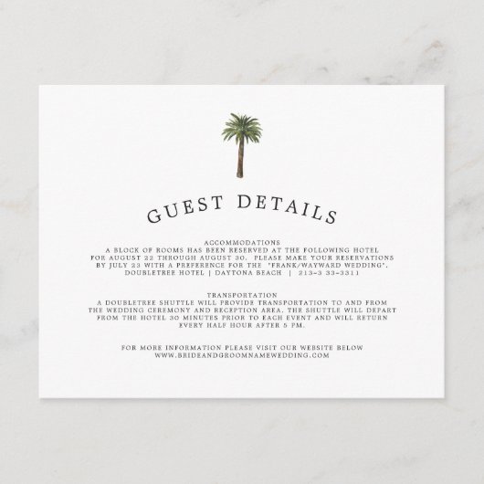 Dusty Palms | Informationen zu Hochzeitgästen Begleitkarte (Vorderseite)