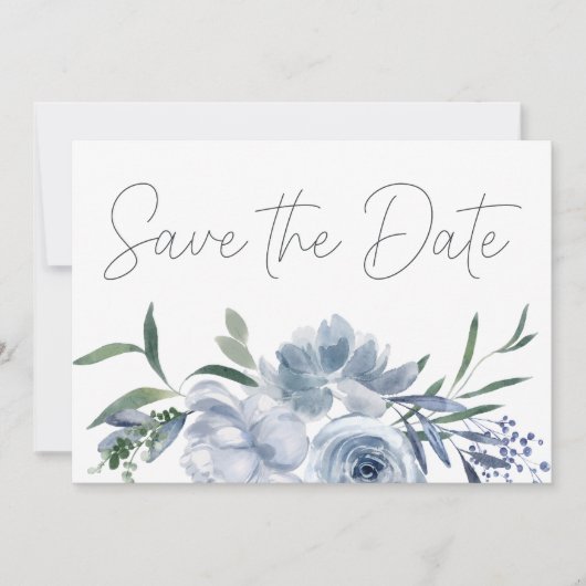 Dusty Pastel Blue Blumen Save the Date (Vorderseite)