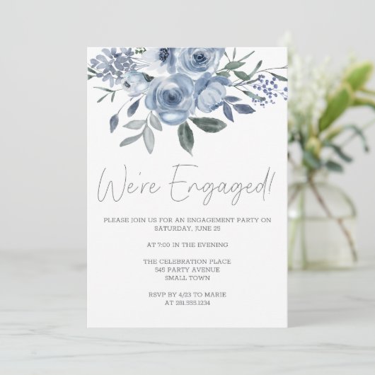 Dusty Pastel Blue Flowers Engagement Party Einladung (Stehend Vorderseite)