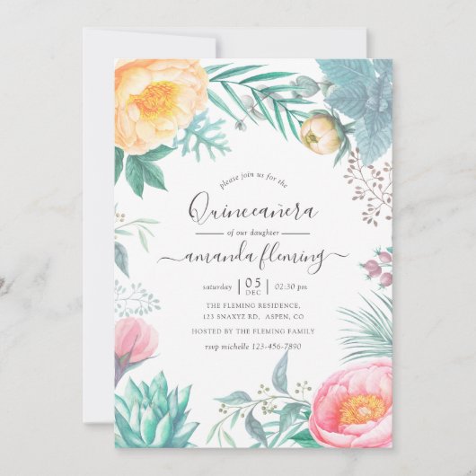 Dusty Pastel Tropical Floral Summer Quinceañera Einladung (Vorderseite)