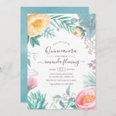 Dusty Pastel Tropical Floral Summer Quinceañera Einladung (Vorne/Hinten)