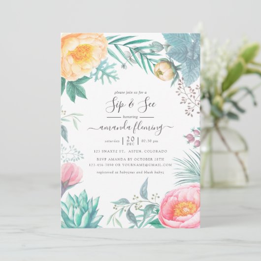 Dusty Pastel Tropical Floral Summer Sip und See Einladung (Stehend Vorderseite)