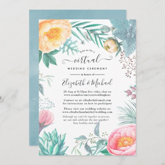 Dusty Pastel Tropical Floral Virtual Wedding Einladung (Vorne/Hinten)