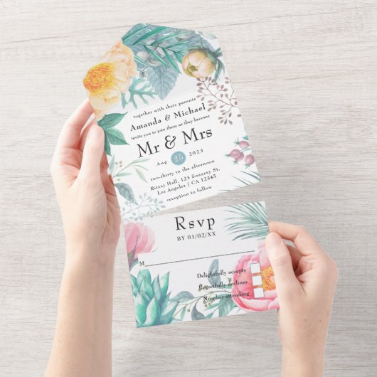 Dusty Pastel Tropical Floral Wedding All In One Einladung (Abreißen)