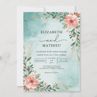 Dusty Peach Floral Aqua Wash Wedding Einladung