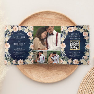 Dusty Peach Floral Navy Blue QR Code Hochzeit Dreifach Gefaltete Einladung
