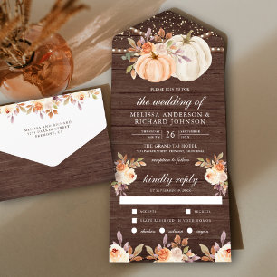 Dusty Peach Floral Pumpkin Barn Wood Wedding All In One Einladung