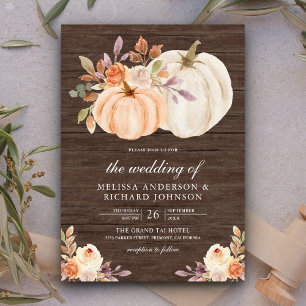 Dusty Peach Floral Pumpkin Barn Wood Wedding Einladung