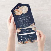 Dusty Peach Floral Pumpkin Navy Blue Wedding All In One Einladung (Abreißen)
