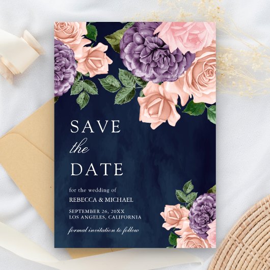 Dusty Peach Lila Floral Navy Blue Wedding Save The Date