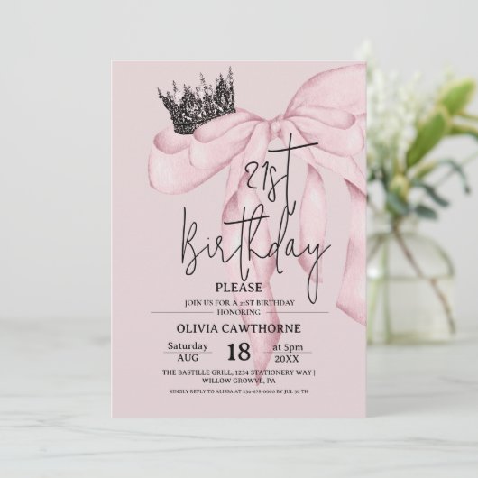 Dusty Pink 21st Birthday ⎮Pink Royal Bow Party Einladung (Stehend Vorderseite)