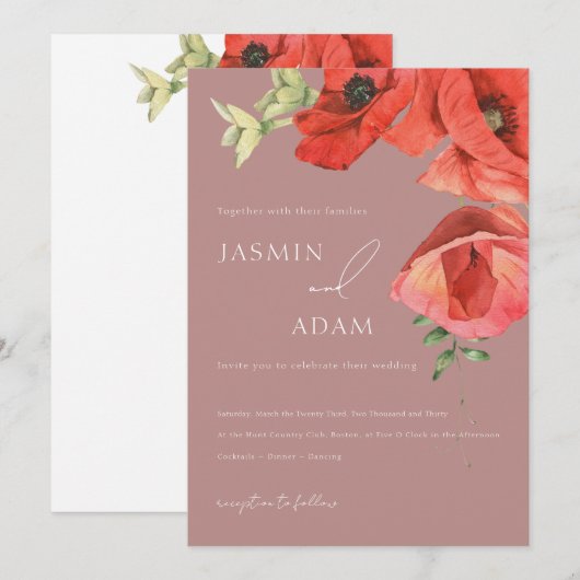 Dusty Pink and Red Poppies Hochzeitseinladung Einladung (Vorne/Hinten)